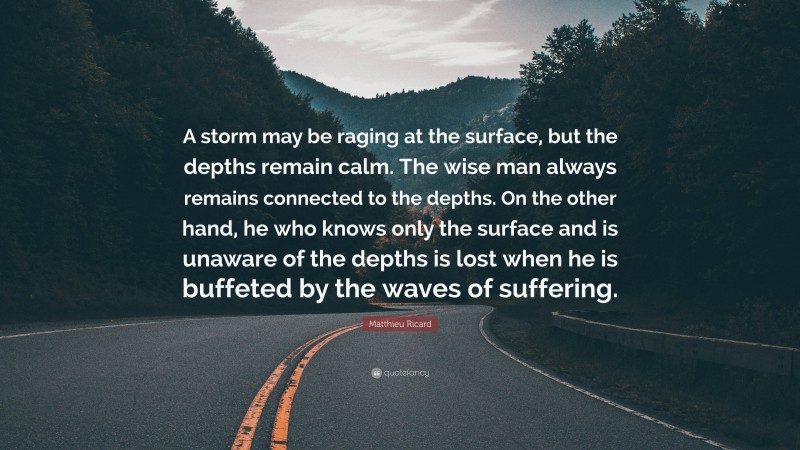 Matthieu Ricard Quote: “A storm may be raging at the surface, but the depths remain calm. The wise man always remains connected to the depths. On the other hand, he who knows only the surface and is unaware of the depths is lost when he is buffeted by the waves of suffering.”