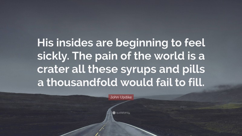 John Updike Quote: “His insides are beginning to feel sickly. The pain of the world is a crater all these syrups and pills a thousandfold would fail to fill.”