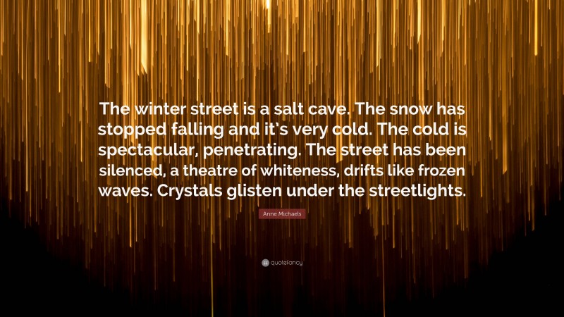 Anne Michaels Quote: “The winter street is a salt cave. The snow has stopped falling and it’s very cold. The cold is spectacular, penetrating. The street has been silenced, a theatre of whiteness, drifts like frozen waves. Crystals glisten under the streetlights.”