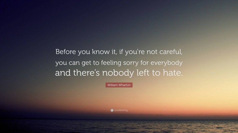 William Wharton Quote: “Before you know it, if you’re not careful, you can get to feeling sorry for everybody and there’s nobody left to hate.”