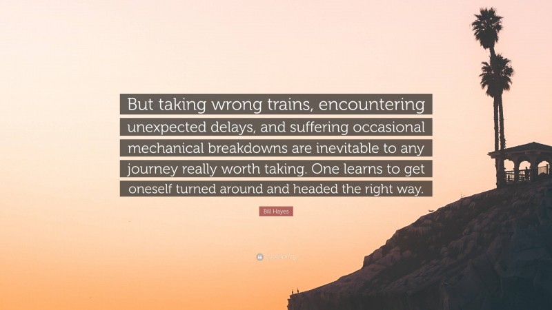 Bill Hayes Quote: “But taking wrong trains, encountering unexpected delays, and suffering occasional mechanical breakdowns are inevitable to any journey really worth taking. One learns to get oneself turned around and headed the right way.”