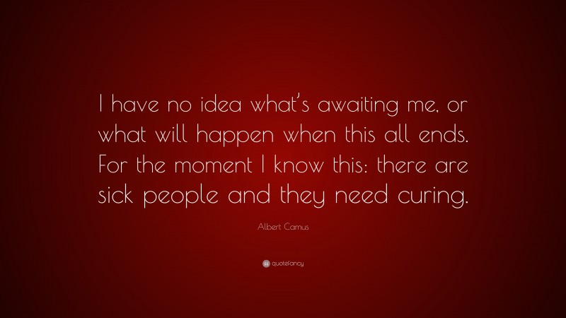 Albert Camus Quote: “I have no idea what’s awaiting me, or what will happen when this all ends. For the moment I know this: there are sick people and they need curing.”