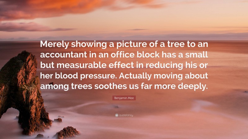 Benjamin Mee Quote: “Merely showing a picture of a tree to an accountant in an office block has a small but measurable effect in reducing his or her blood pressure. Actually moving about among trees soothes us far more deeply.”