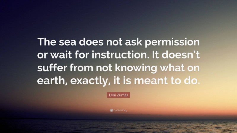 Leni Zumas Quote: “The sea does not ask permission or wait for instruction. It doesn’t suffer from not knowing what on earth, exactly, it is meant to do.”