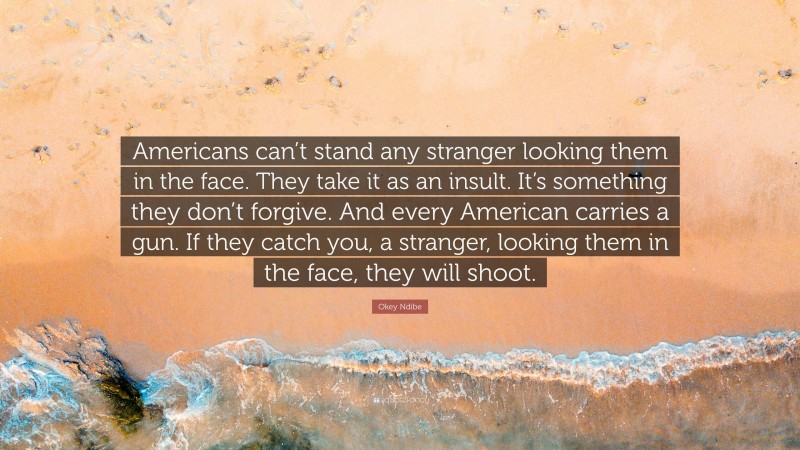 Okey Ndibe Quote: “Americans can’t stand any stranger looking them in the face. They take it as an insult. It’s something they don’t forgive. And every American carries a gun. If they catch you, a stranger, looking them in the face, they will shoot.”