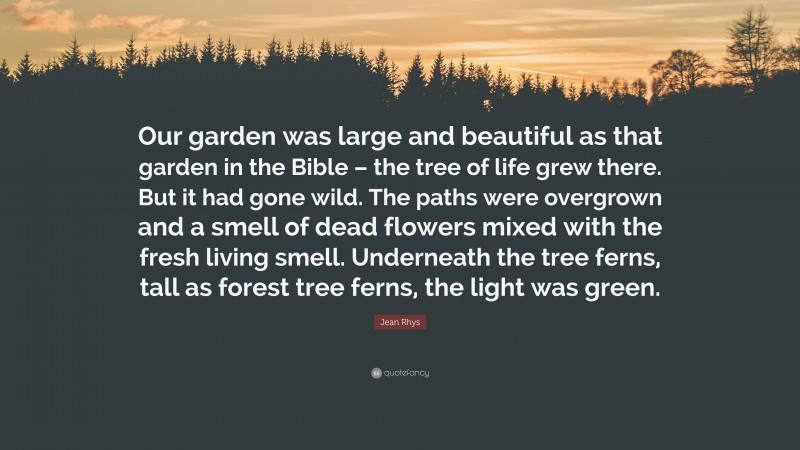 Jean Rhys Quote: “Our garden was large and beautiful as that garden in the Bible – the tree of life grew there. But it had gone wild. The paths were overgrown and a smell of dead flowers mixed with the fresh living smell. Underneath the tree ferns, tall as forest tree ferns, the light was green.”