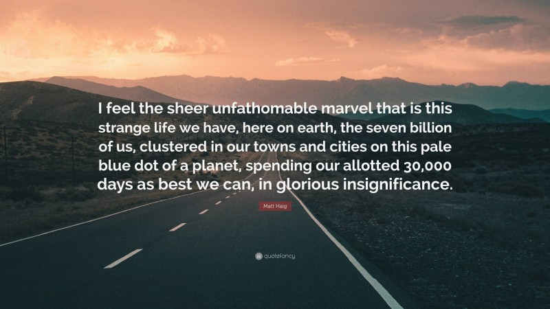 Matt Haig Quote: “I feel the sheer unfathomable marvel that is this strange life we have, here on earth, the seven billion of us, clustered in our towns and cities on this pale blue dot of a planet, spending our allotted 30,000 days as best we can, in glorious insignificance.”