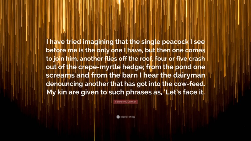 Flannery O'Connor Quote: “I have tried imagining that the single peacock I see before me is the only one I have, but then one comes to join him, another flies off the roof, four or five crash out of the crepe-myrtle hedge; from the pond one screams and from the barn I hear the dairyman denouncing another that has got into the cow-feed. My kin are given to such phrases as, ‘Let’s face it.”