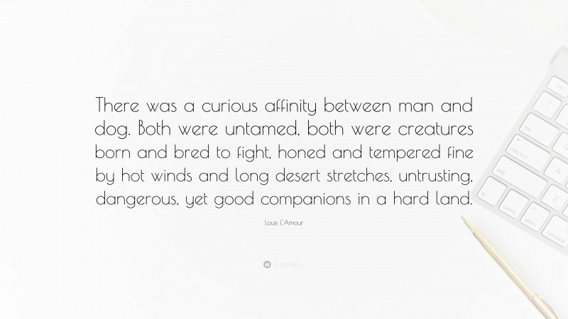 Louis L'Amour Quote: “There was a curious affinity between man and dog. Both were untamed, both were creatures born and bred to fight, honed and tempered fine by hot winds and long desert stretches, untrusting, dangerous, yet good companions in a hard land.”