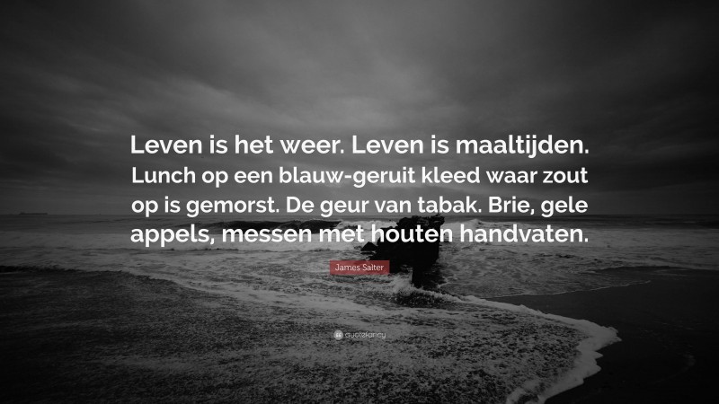 James Salter Quote: “Leven is het weer. Leven is maaltijden. Lunch op een blauw-geruit kleed waar zout op is gemorst. De geur van tabak. Brie, gele appels, messen met houten handvaten.”