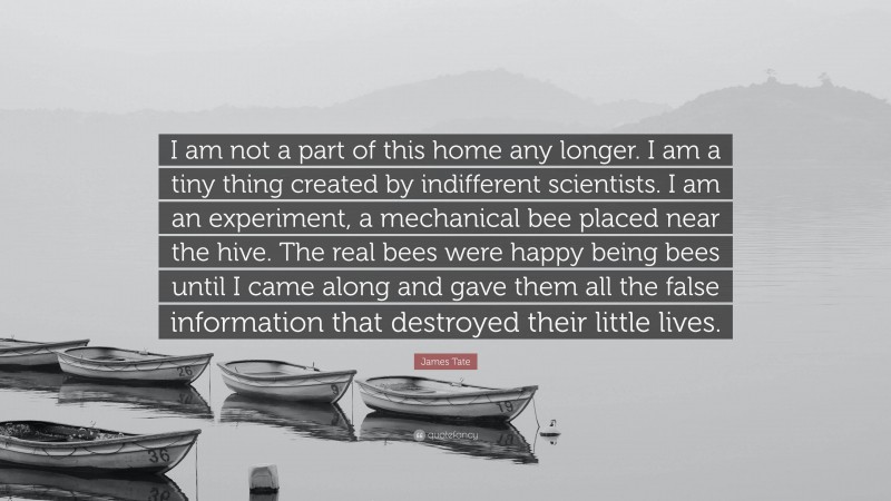 James Tate Quote: “I am not a part of this home any longer. I am a tiny thing created by indifferent scientists. I am an experiment, a mechanical bee placed near the hive. The real bees were happy being bees until I came along and gave them all the false information that destroyed their little lives.”