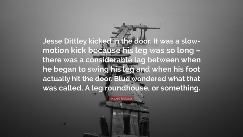 Maggie Stiefvater Quote: “Jesse Dittley kicked in the door. It was a slow-motion kick because his leg was so long – there was a considerable lag between when he began to swing his leg and when his foot actually hit the door. Blue wondered what that was called. A leg roundhouse, or something.”
