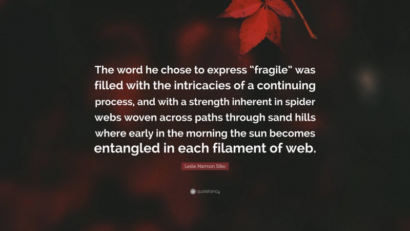 Leslie Marmon Silko Quote: “The word he chose to express “fragile” was filled with the intricacies of a continuing process, and with a strength inherent in spider webs woven across paths through sand hills where early in the morning the sun becomes entangled in each filament of web.”