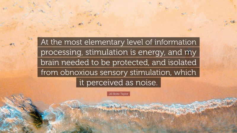 Jill Bolte Taylor Quote: “At the most elementary level of information processing, stimulation is energy, and my brain needed to be protected, and isolated from obnoxious sensory stimulation, which it perceived as noise.”