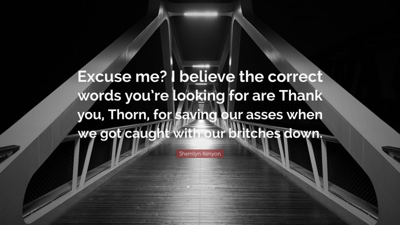 Sherrilyn Kenyon Quote: “Excuse me? I believe the correct words you’re looking for are Thank you, Thorn, for saving our asses when we got caught with our britches down.”