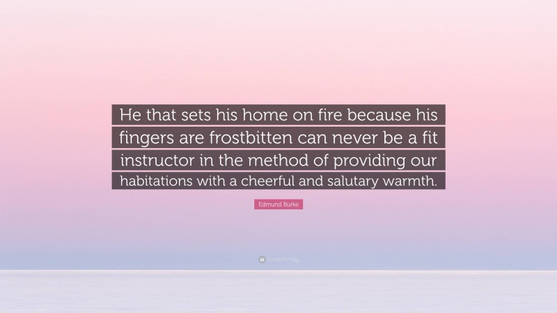 Edmund Burke Quote: “He that sets his home on fire because his fingers are frostbitten can never be a fit instructor in the method of providing our habitations with a cheerful and salutary warmth.”