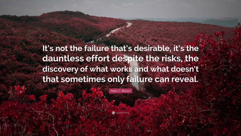 Peter C. Brown Quote: “It’s not the failure that’s desirable, it’s the dauntless effort despite the risks, the discovery of what works and what doesn’t that sometimes only failure can reveal.”