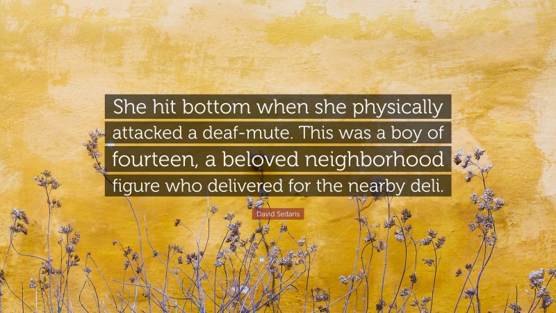 David Sedaris Quote: “She hit bottom when she physically attacked a deaf-mute. This was a boy of fourteen, a beloved neighborhood figure who delivered for the nearby deli.”