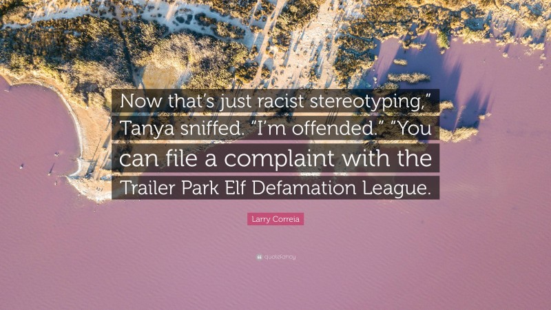Larry Correia Quote: “Now that’s just racist stereotyping,” Tanya sniffed. “I’m offended.” “You can file a complaint with the Trailer Park Elf Defamation League.”