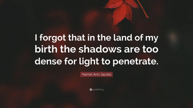 Harriet Ann Jacobs Quote: “I forgot that in the land of my birth the shadows are too dense for light to penetrate.”