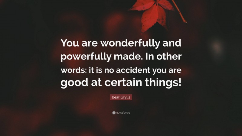 Bear Grylls Quote: “You are wonderfully and powerfully made. In other words: it is no accident you are good at certain things!”