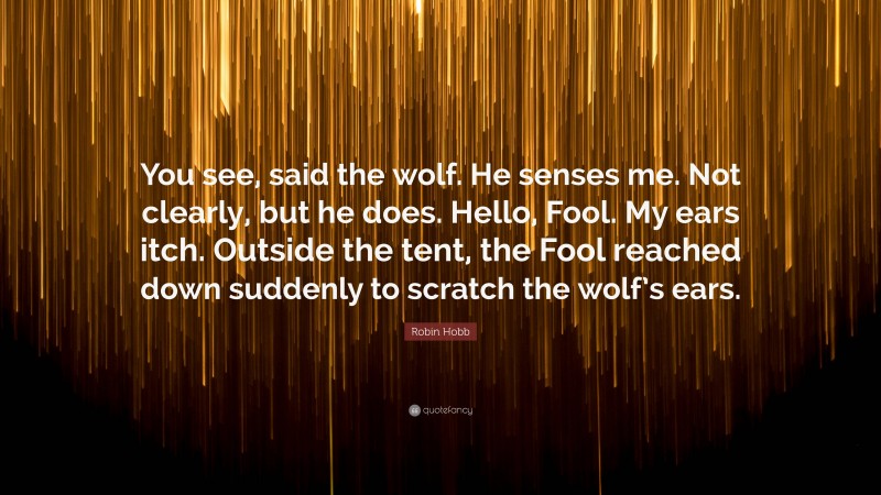 Robin Hobb Quote: “You see, said the wolf. He senses me. Not clearly, but he does. Hello, Fool. My ears itch. Outside the tent, the Fool reached down suddenly to scratch the wolf’s ears.”