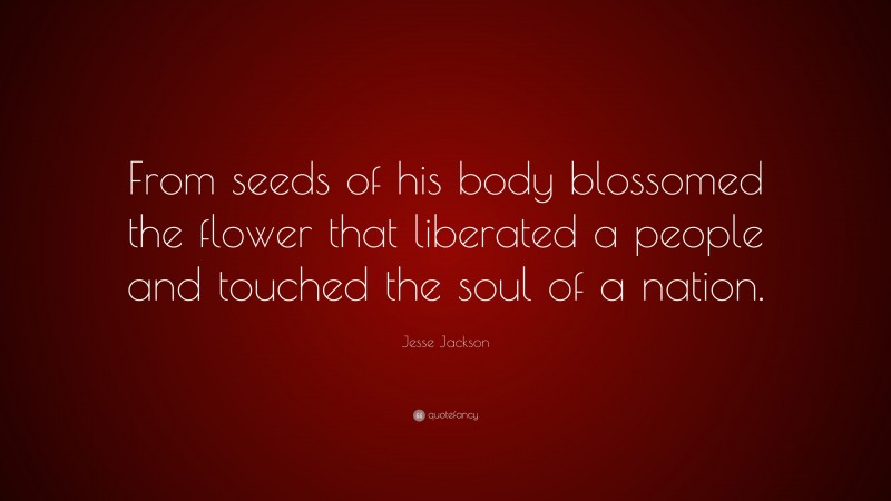 Jesse Jackson Quote: “From seeds of his body blossomed the flower that liberated a people and touched the soul of a nation.”