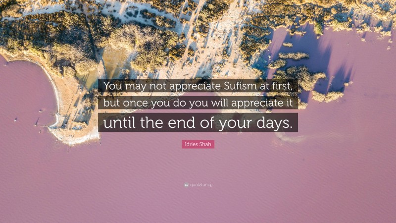 Idries Shah Quote: “You may not appreciate Sufism at first, but once you do you will appreciate it until the end of your days.”