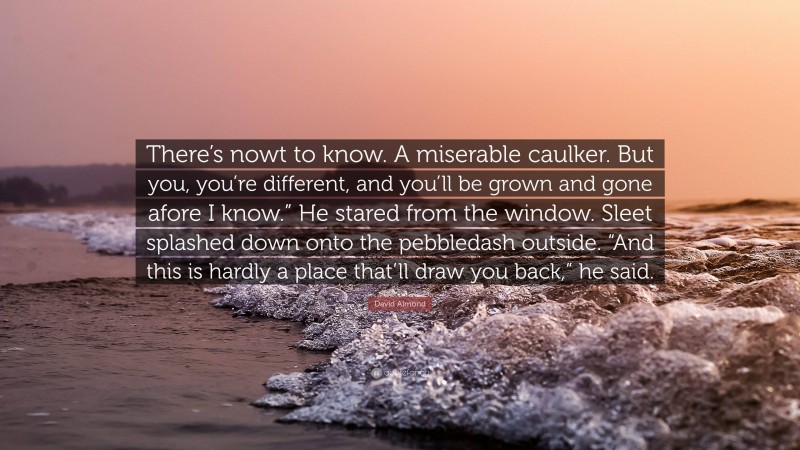 David Almond Quote: “There’s nowt to know. A miserable caulker. But you, you’re different, and you’ll be grown and gone afore I know.” He stared from the window. Sleet splashed down onto the pebbledash outside. “And this is hardly a place that’ll draw you back,” he said.”