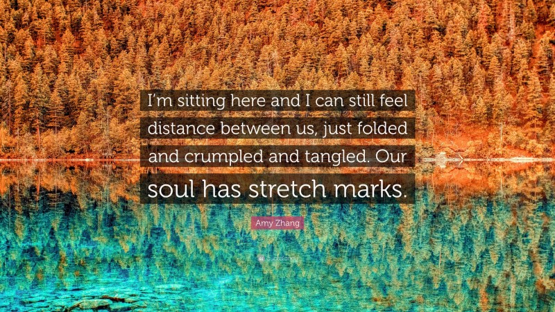 Amy Zhang Quote: “I’m sitting here and I can still feel distance between us, just folded and crumpled and tangled. Our soul has stretch marks.”