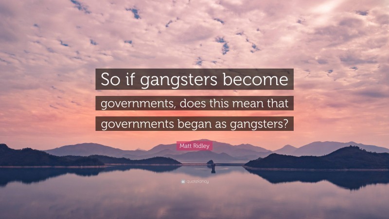 Matt Ridley Quote: “So if gangsters become governments, does this mean that governments began as gangsters?”