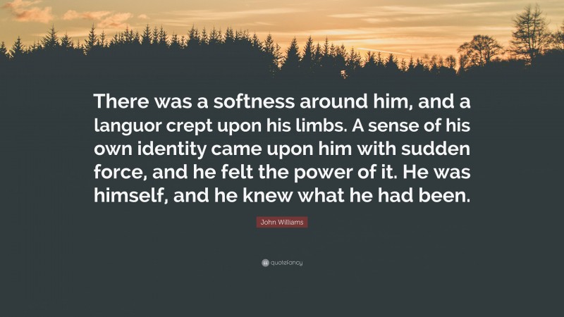 John Williams Quote: “There was a softness around him, and a languor crept upon his limbs. A sense of his own identity came upon him with sudden force, and he felt the power of it. He was himself, and he knew what he had been.”