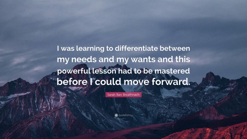 Sarah Ban Breathnach Quote: “I was learning to differentiate between my needs and my wants and this powerful lesson had to be mastered before I could move forward.”