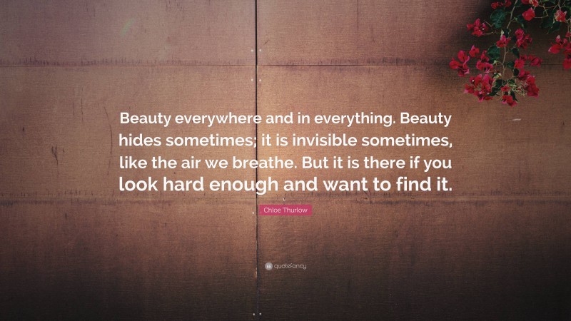 Chloe Thurlow Quote: “Beauty everywhere and in everything. Beauty hides sometimes; it is invisible sometimes, like the air we breathe. But it is there if you look hard enough and want to find it.”