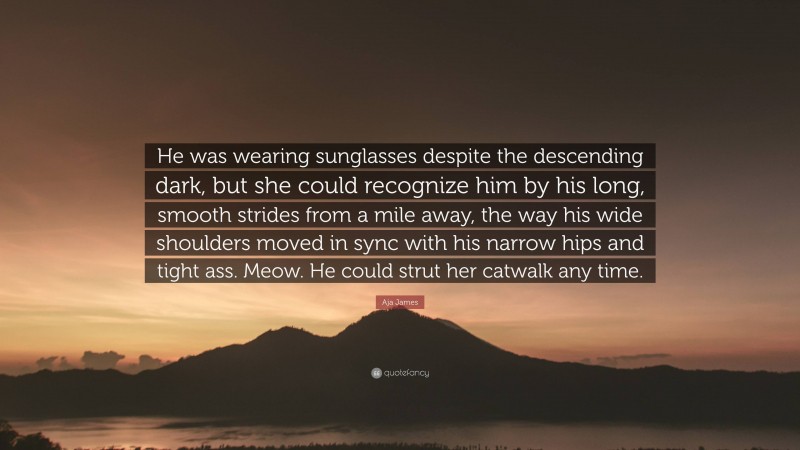 Aja James Quote: “He was wearing sunglasses despite the descending dark, but she could recognize him by his long, smooth strides from a mile away, the way his wide shoulders moved in sync with his narrow hips and tight ass. Meow. He could strut her catwalk any time.”