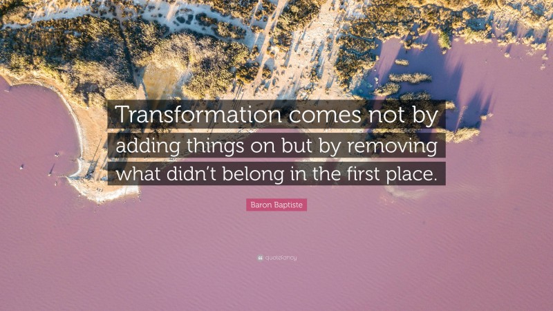 Baron Baptiste Quote: “Transformation comes not by adding things on but by removing what didn’t belong in the first place.”