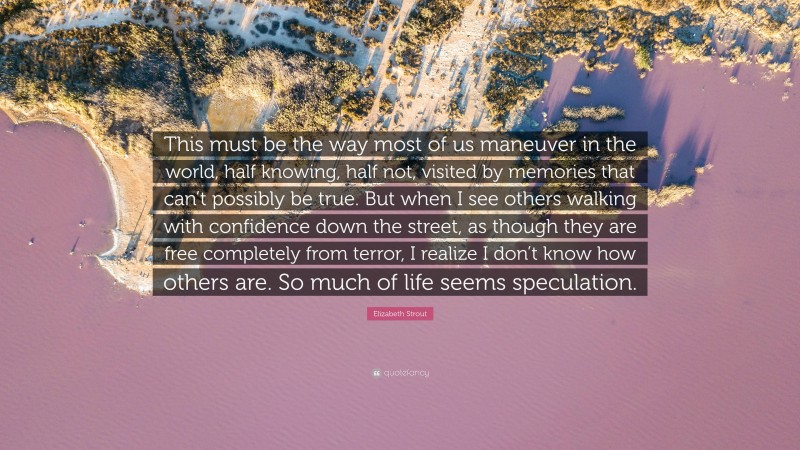 Elizabeth Strout Quote: “This must be the way most of us maneuver in the world, half knowing, half not, visited by memories that can’t possibly be true. But when I see others walking with confidence down the street, as though they are free completely from terror, I realize I don’t know how others are. So much of life seems speculation.”
