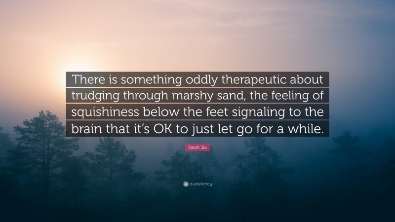 Sarah Jio Quote: “There is something oddly therapeutic about trudging through marshy sand, the feeling of squishiness below the feet signaling to the brain that it’s OK to just let go for a while.”