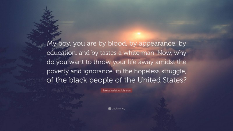 James Weldon Johnson Quote: “My boy, you are by blood, by appearance, by education, and by tastes a white man. Now, why do you want to throw your life away amidst the poverty and ignorance, in the hopeless struggle, of the black people of the United States?”