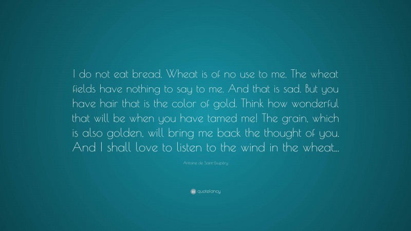 Antoine de Saint-Exupéry Quote: “I do not eat bread. Wheat is of no use to me. The wheat fields have nothing to say to me. And that is sad. But you have hair that is the color of gold. Think how wonderful that will be when you have tamed me! The grain, which is also golden, will bring me back the thought of you. And I shall love to listen to the wind in the wheat...”