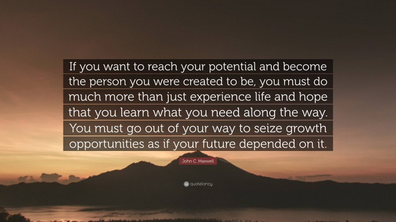 John C. Maxwell Quote: “If you want to reach your potential and become the person you were created to be, you must do much more than just experience life and hope that you learn what you need along the way. You must go out of your way to seize growth opportunities as if your future depended on it.”