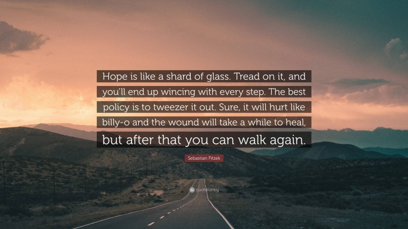 Sebastian Fitzek Quote: “Hope is like a shard of glass. Tread on it, and you’ll end up wincing with every step. The best policy is to tweezer it out. Sure, it will hurt like billy-o and the wound will take a while to heal, but after that you can walk again.”