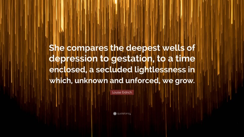Louise Erdrich Quote: “She compares the deepest wells of depression to gestation, to a time enclosed, a secluded lightlessness in which, unknown and unforced, we grow.”