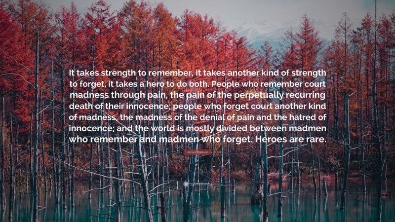 James Baldwin Quote: “It takes strength to remember, it takes another kind of strength to forget, it takes a hero to do both. People who remember court madness through pain, the pain of the perpetually recurring death of their innocence; people who forget court another kind of madness, the madness of the denial of pain and the hatred of innocence; and the world is mostly divided between madmen who remember and madmen who forget. Heroes are rare.”