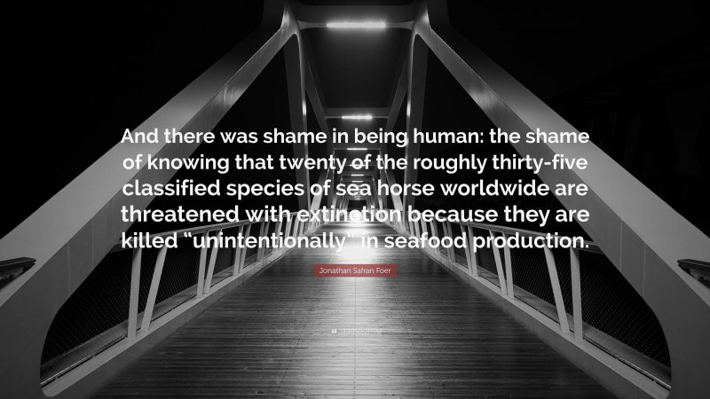 Jonathan Safran Foer Quote: “And there was shame in being human: the shame of knowing that twenty of the roughly thirty-five classified species of sea horse worldwide are threatened with extinction because they are killed “unintentionally” in seafood production.”