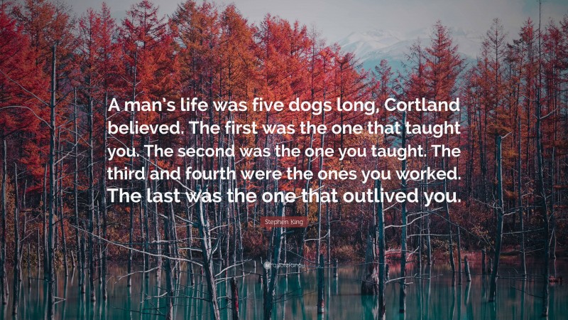 Stephen King Quote: “A man’s life was five dogs long, Cortland believed. The first was the one that taught you. The second was the one you taught. The third and fourth were the ones you worked. The last was the one that outlived you.”