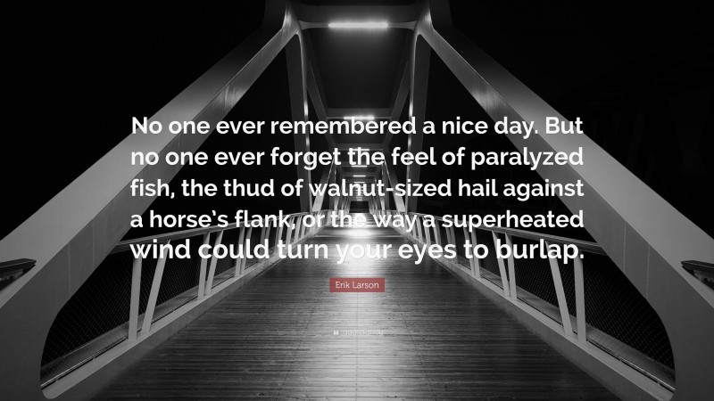 Erik Larson Quote: “No one ever remembered a nice day. But no one ever forget the feel of paralyzed fish, the thud of walnut-sized hail against a horse’s flank, or the way a superheated wind could turn your eyes to burlap.”