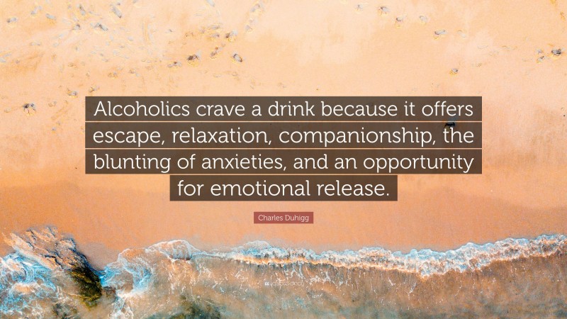 Charles Duhigg Quote: “Alcoholics crave a drink because it offers escape, relaxation, companionship, the blunting of anxieties, and an opportunity for emotional release.”