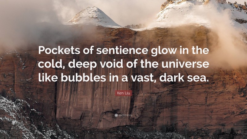 Ken Liu Quote: “Pockets of sentience glow in the cold, deep void of the universe like bubbles in a vast, dark sea.”