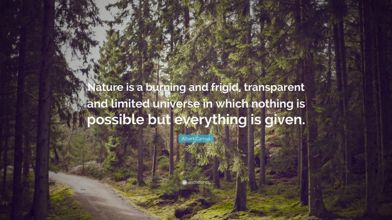 Albert Camus Quote: “Nature is a burning and frigid, transparent and limited universe in which nothing is possible but everything is given.”